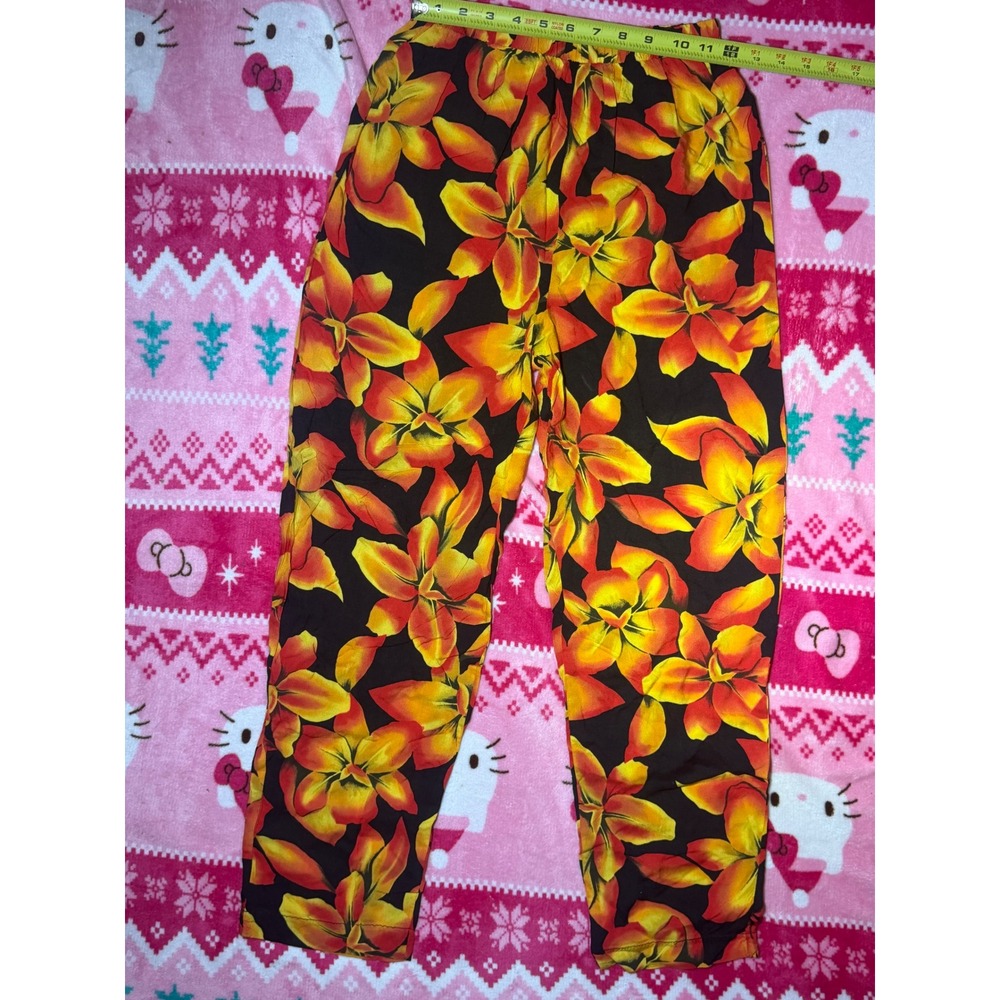 Studio C Womens Small Tropical Floral Rayon Pants Orange Yellow Black Elastic - Picture 4 of 7